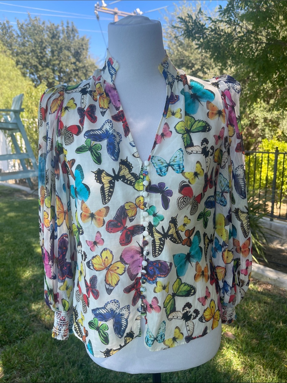 Alice + Olivia Butterfly Print Sheer Puff Sleeve Romantic Whimsical Blouse XS
